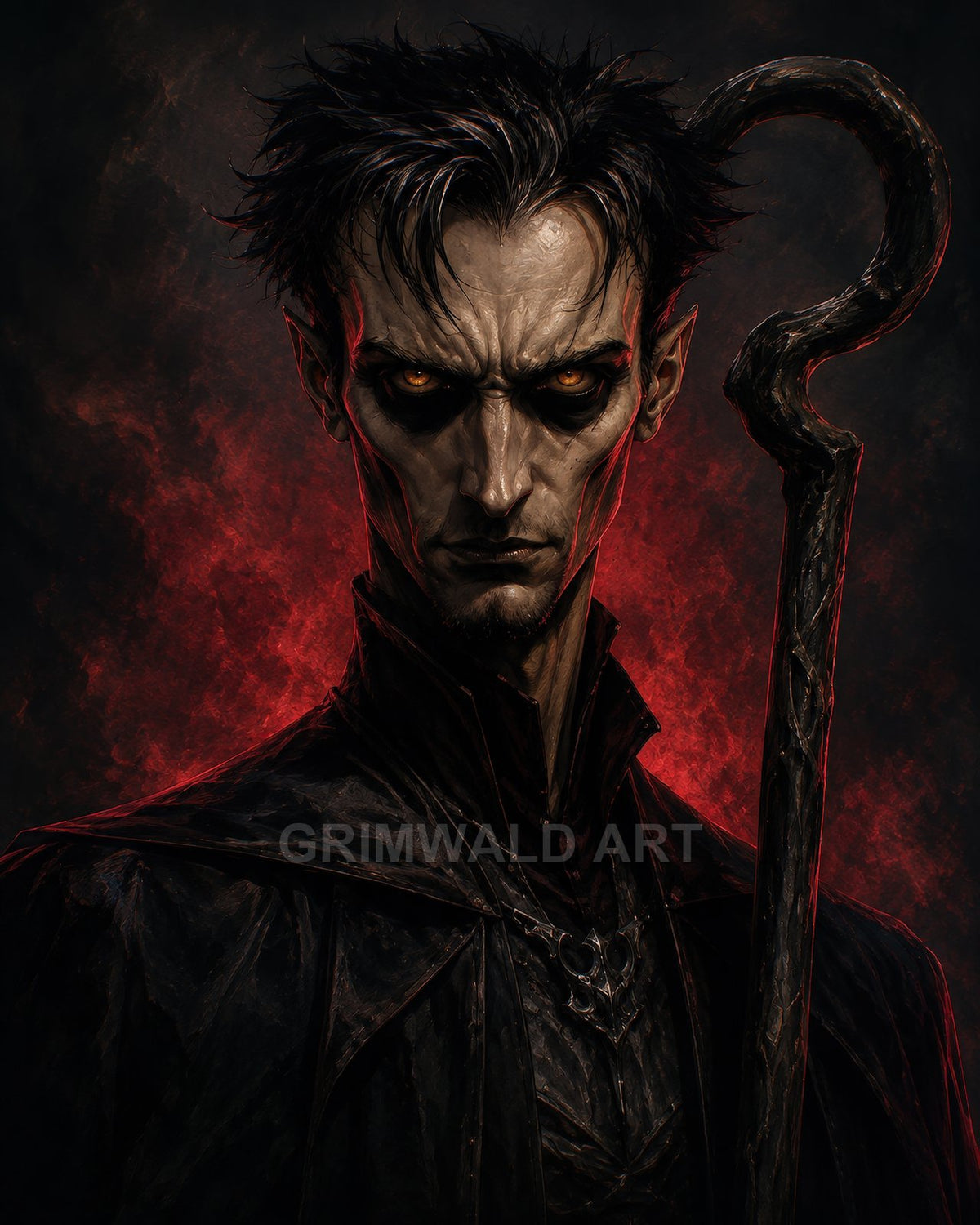Dark fantasy portrait of a gaunt, ember-eyed warlock in a high-collared black cloak, gripping a gnarled staff before a red, fiery backdrop.