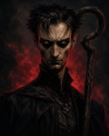 GRID THUMBNAIL — Dark fantasy portrait of a gaunt, ember-eyed warlock in a high-collared black cloak, gripping a gnarled staff before a red, fiery backdrop.