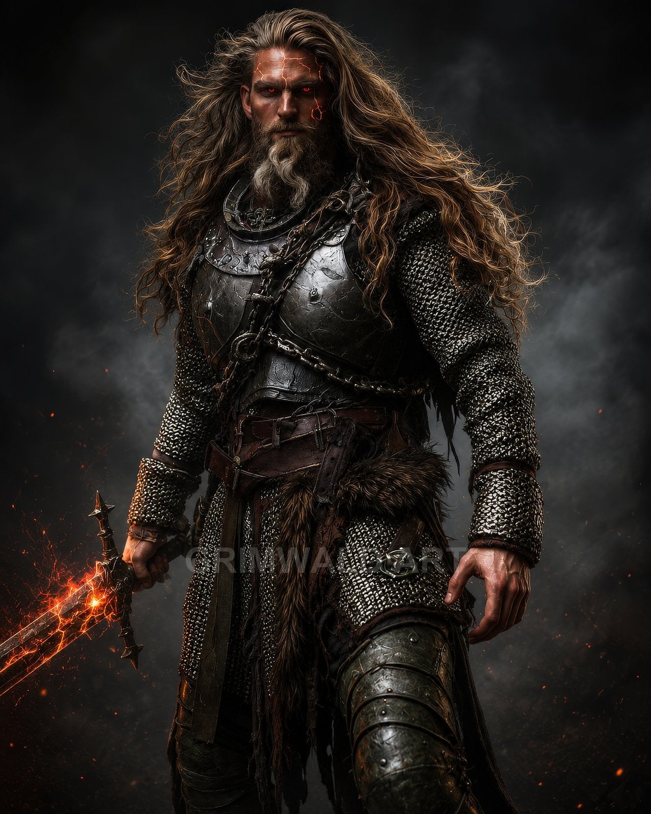 Armoured bearded warrior with glowing red eyes grips a flaming sword, standing in drifting smoke and sparks against a dark background.
