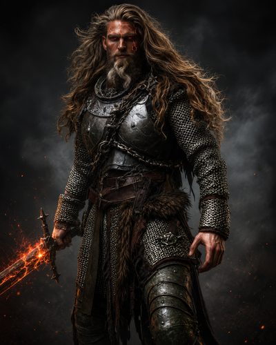 GRID THUMBNAIL — Armoured bearded warrior with glowing red eyes grips a flaming sword, standing in drifting smoke and sparks against a dark background.