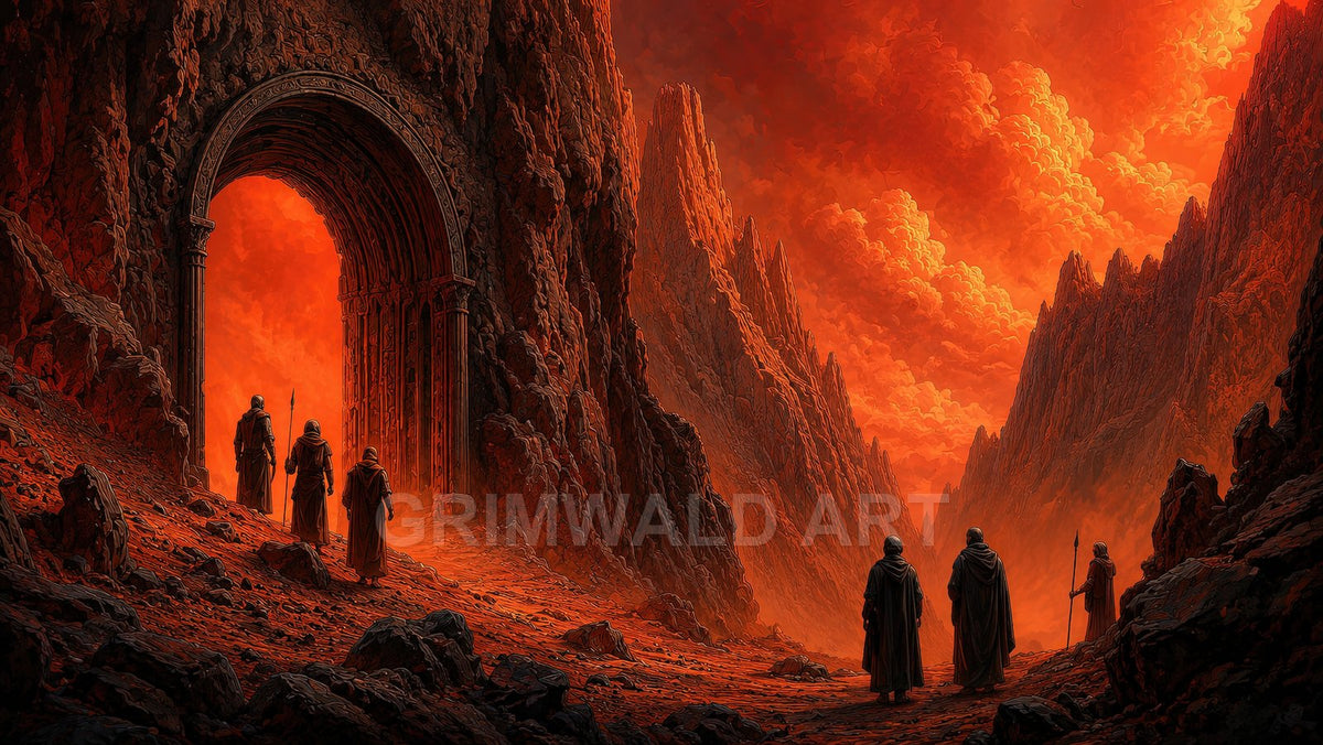A fiery red volcanic canyon with jagged spires, a towering stone archway glowing inside, and robed travellers with spears crossing the ash-strewn ground.