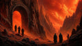 GRID THUMBNAIL — A fiery red volcanic canyon with jagged spires, a towering stone archway glowing inside, and robed travellers with spears crossing the ash-strewn ground.
