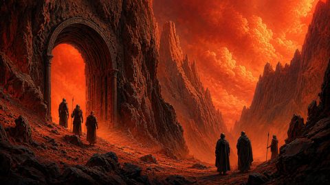 GRID THUMBNAIL — A fiery red volcanic canyon with jagged spires, a towering stone archway glowing inside, and robed travellers with spears crossing the ash-strewn ground.