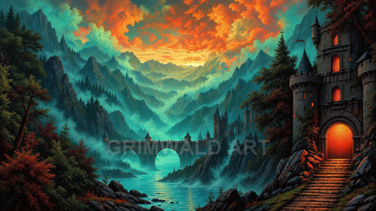A stone bridge and fortress span a misty mountain valley above a reflective river, beneath fiery sunset clouds and teal-blue haze.