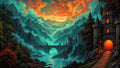 GRID THUMBNAIL — A stone bridge and fortress span a misty mountain valley above a reflective river, beneath fiery sunset clouds and teal-blue haze.