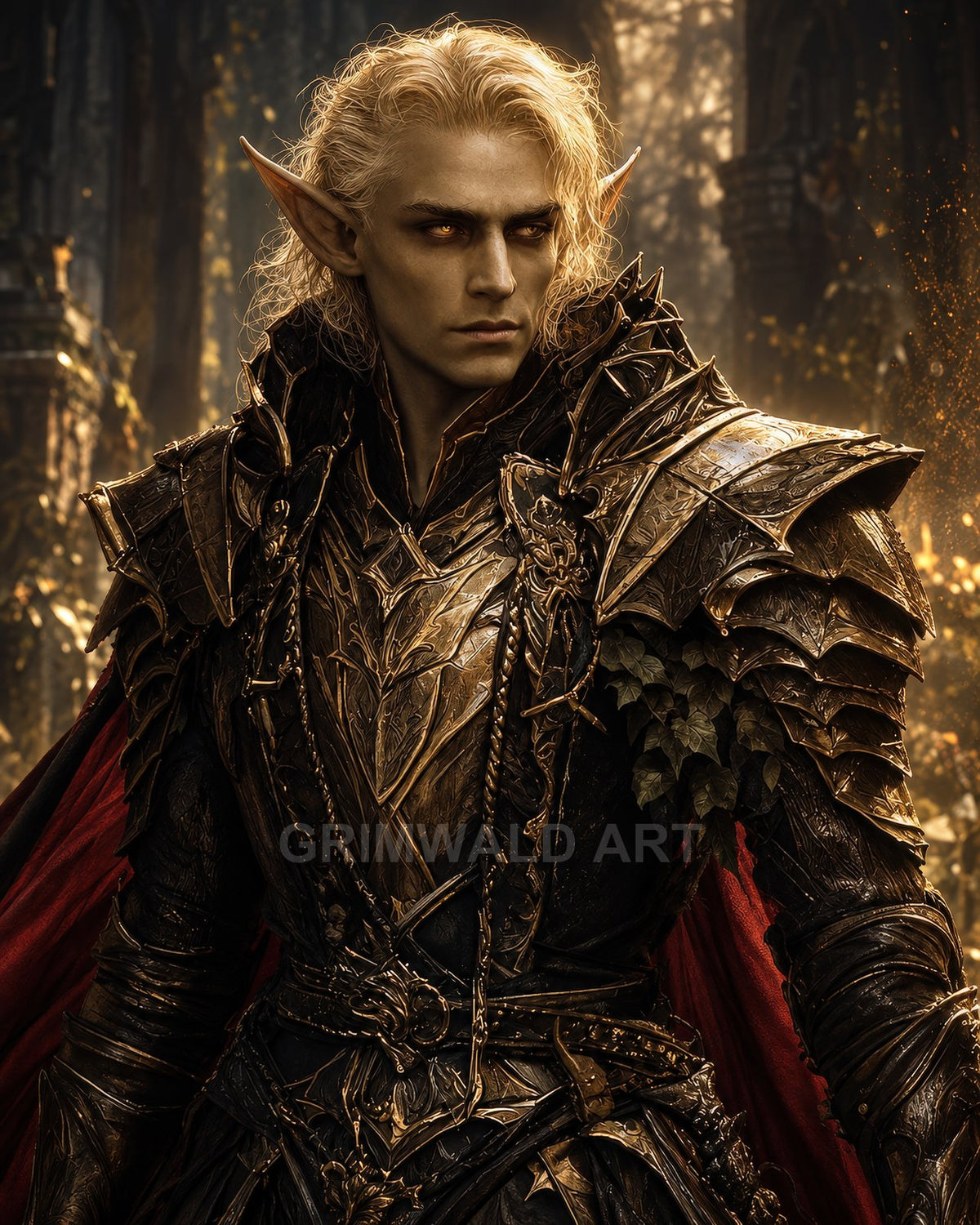 Armoured elf with gilded plates and red cloak stands in ancient forest ruins, amber eyes glowing in warm golden light, vigilant and severe.