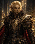 GRID THUMBNAIL — Armoured elf with gilded plates and red cloak stands in ancient forest ruins, amber eyes glowing in warm golden light, vigilant and severe.