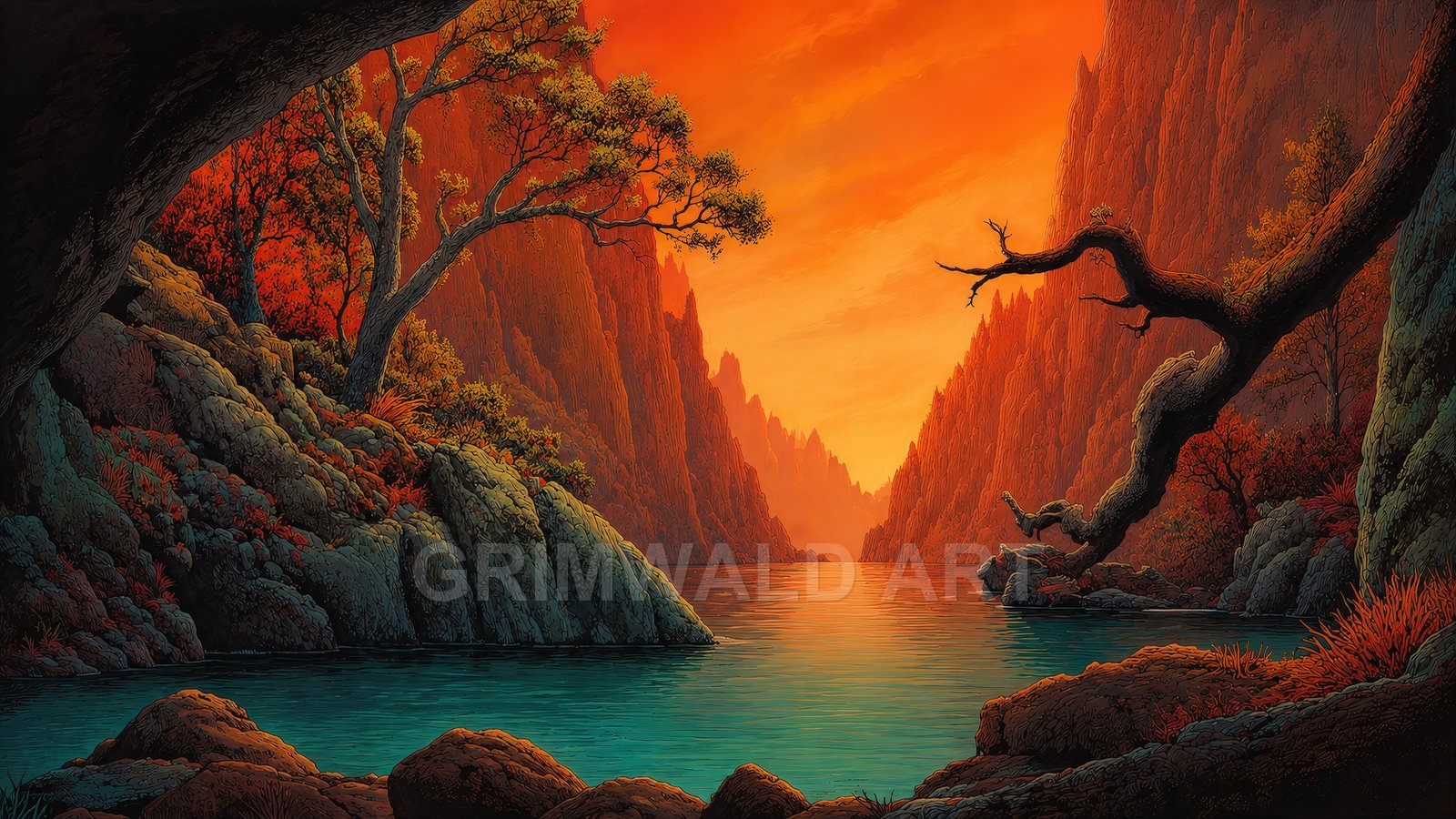 Retro fantasy landscape of a tranquil teal lake between steep orange cliffs, framed by gnarled trees and rocky shores under a glowing sunset sky.