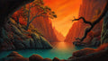 GRID THUMBNAIL — Retro fantasy landscape of a tranquil teal lake between steep orange cliffs, framed by gnarled trees and rocky shores under a glowing sunset sky.