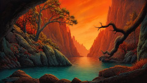 GRID THUMBNAIL — Retro fantasy landscape of a tranquil teal lake between steep orange cliffs, framed by gnarled trees and rocky shores under a glowing sunset sky.
