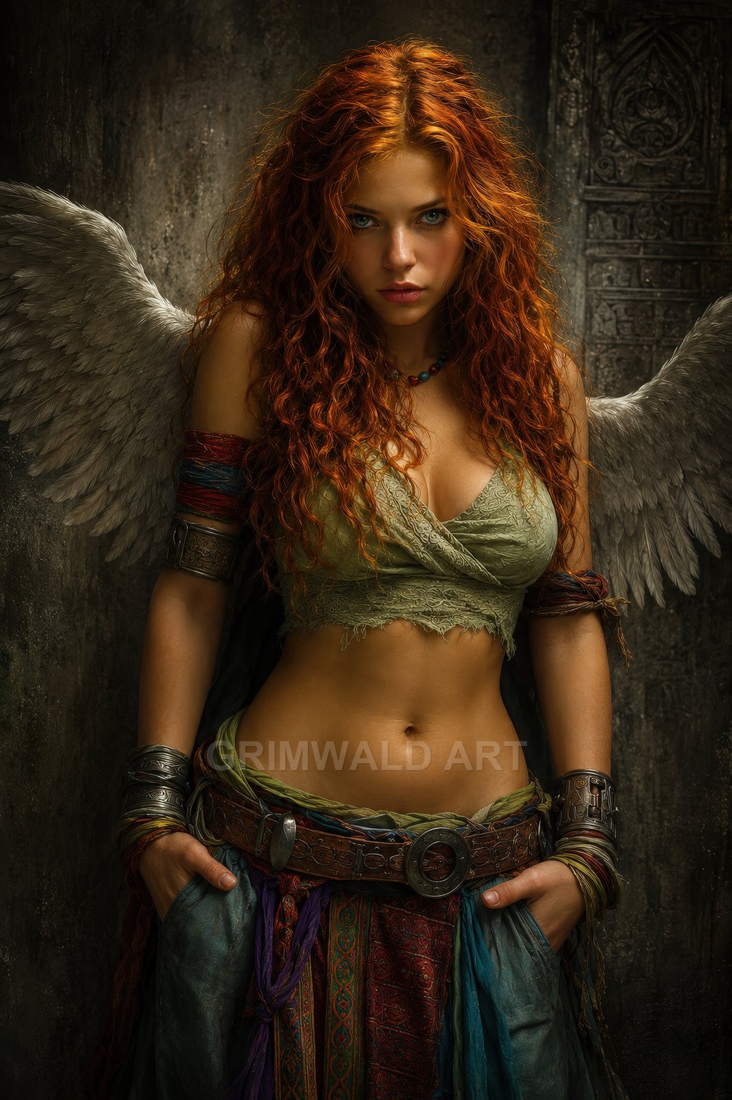 A red-haired winged woman stands in weathered stone ruins, hands on belt, layered fabrics and bracelets catching warm firelit glow, gaze intense.