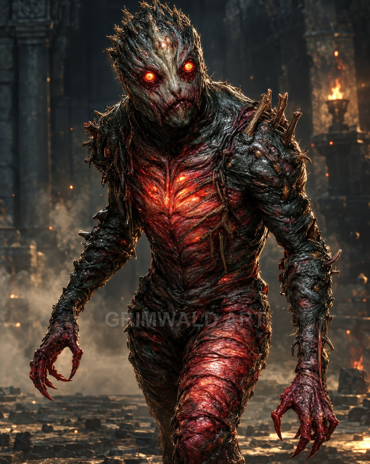 A hulking demonic humanoid with glowing red eyes and ember-lit chest prowls through firelit ruins, its charred, spiked flesh and claws wreathed in smoke.