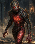 GRID THUMBNAIL — A hulking demonic humanoid with glowing red eyes and ember-lit chest prowls through firelit ruins, its charred, spiked flesh and claws wreathed in smoke.