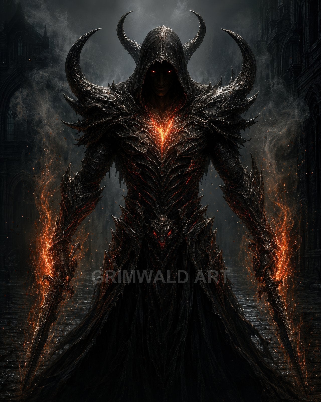 Armoured horned demon in hooded spiked black armour with fiery chest core, wielding twin flaming blades, stands in dark gothic street at night.