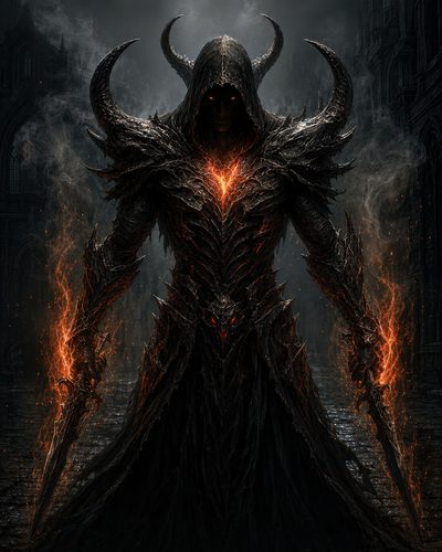 GRID THUMBNAIL — Armoured horned demon in hooded spiked black armour with fiery chest core, wielding twin flaming blades, stands in dark gothic street at night.