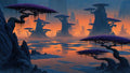 GRID THUMBNAIL — Alien lake at sunset with twisted rock spires and wide, flat-canopy purple trees mirrored in calm orange water under hazy skies.