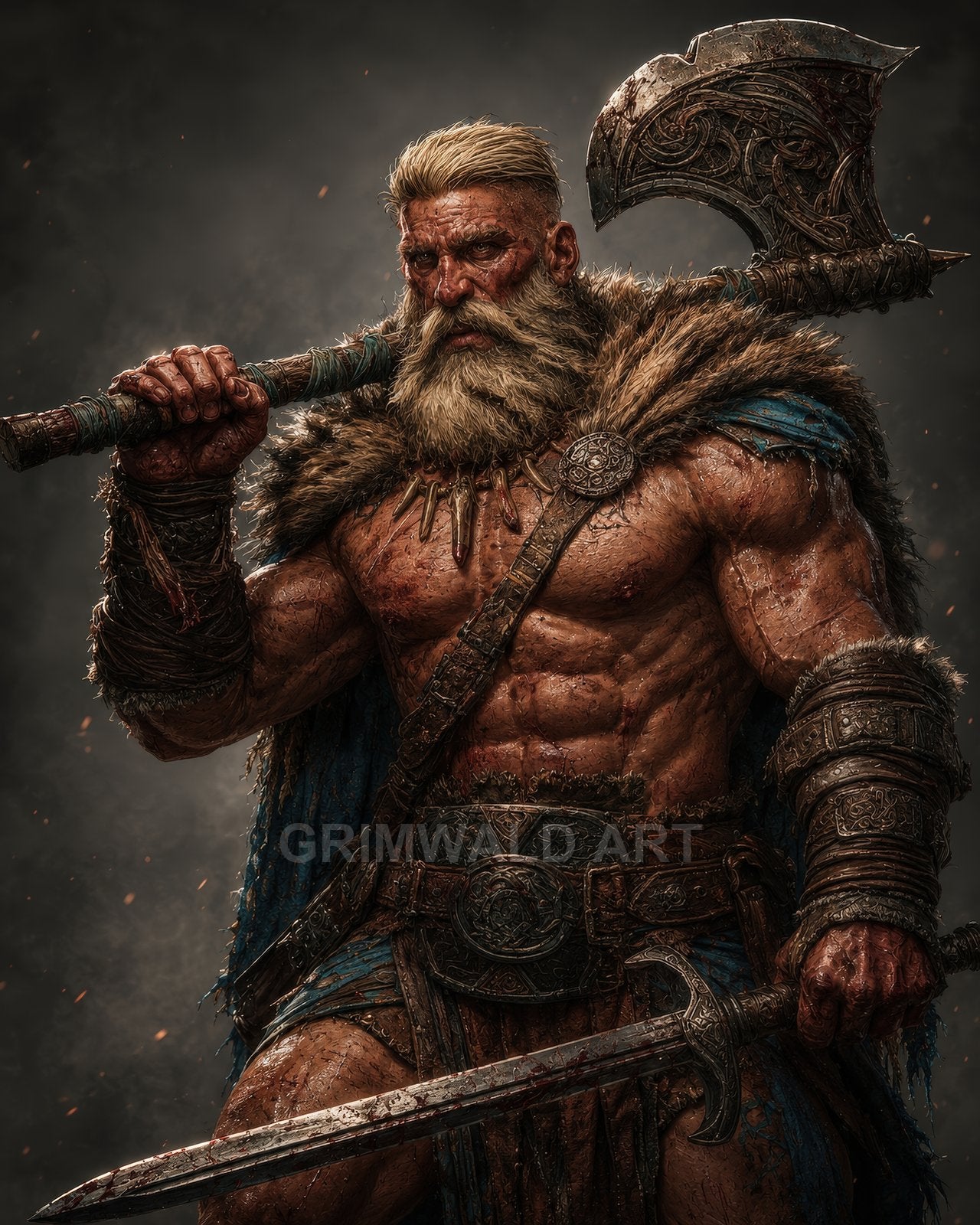 Bearded barbarian holding an ornate axe and bloodied sword, clad in a fur mantle and bracers, amid drifting smoke and glowing embers.