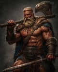 GRID THUMBNAIL — Bearded barbarian holding an ornate axe and bloodied sword, clad in a fur mantle and bracers, amid drifting smoke and glowing embers.