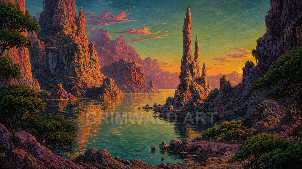 Fantasy landscape of jagged rock spires and mountains surrounding a tranquil lake at sunset, teal water reflecting orange light, trees framing the foreground.