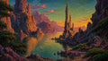 GRID THUMBNAIL — Fantasy landscape of jagged rock spires and mountains surrounding a tranquil lake at sunset, teal water reflecting orange light, trees framing the foreground.
