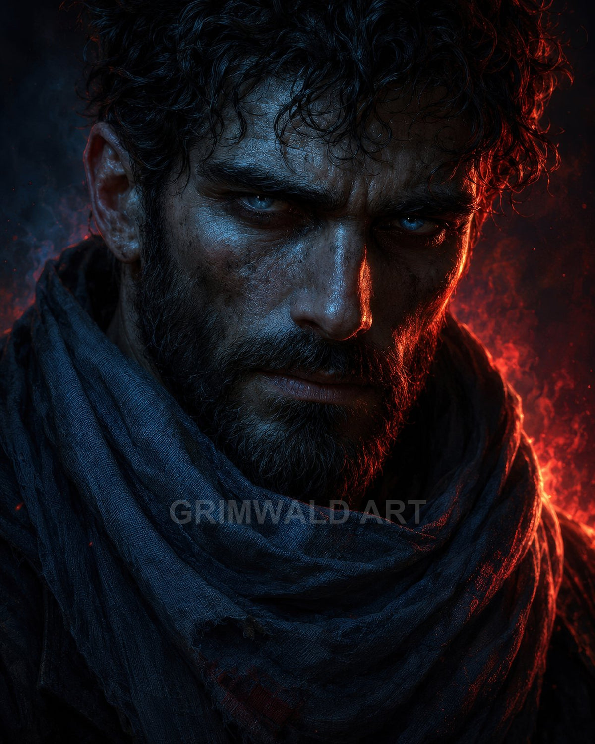 Close-up of a rugged bearded man with piercing blue eyes, wrapped in a frayed dark scarf, lit by dramatic blue and red firelight.