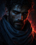 GRID THUMBNAIL — Close-up of a rugged bearded man with piercing blue eyes, wrapped in a frayed dark scarf, lit by dramatic blue and red firelight.