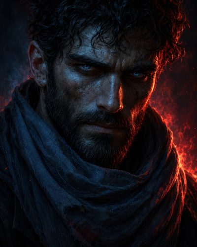 GRID THUMBNAIL — Close-up of a rugged bearded man with piercing blue eyes, wrapped in a frayed dark scarf, lit by dramatic blue and red firelight.