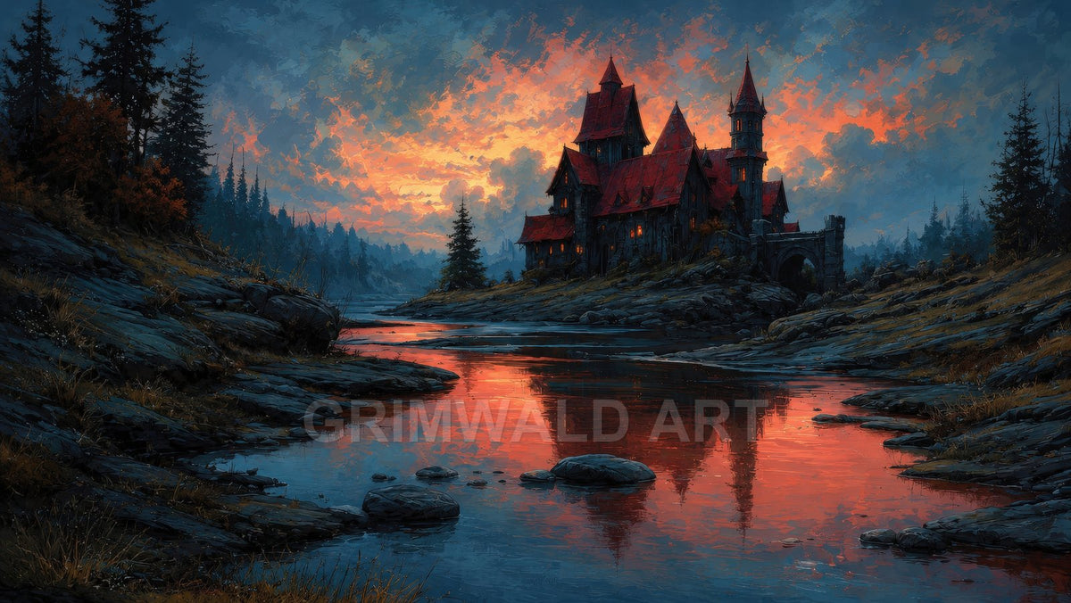 Gothic riverside castle with red roofs at sunset, warm windows glowing, reflected in calm water amid dark pines, rocky banks, and dramatic clouds.