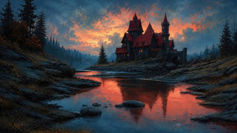 GRID THUMBNAIL — Gothic riverside castle with red roofs at sunset, warm windows glowing, reflected in calm water amid dark pines, rocky banks, and dramatic clouds.