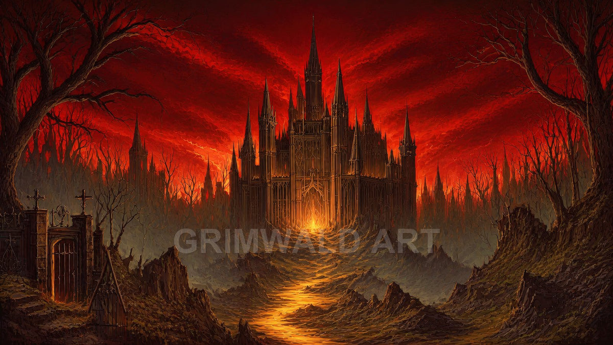 A towering gothic castle glows with firelight beneath a blood-red sky, reached by a molten path, with bare trees and graveyard gate.