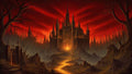 GRID THUMBNAIL — A towering gothic castle glows with firelight beneath a blood-red sky, reached by a molten path, with bare trees and graveyard gate.