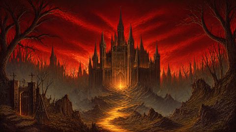 GRID THUMBNAIL — A towering gothic castle glows with firelight beneath a blood-red sky, reached by a molten path, with bare trees and graveyard gate.