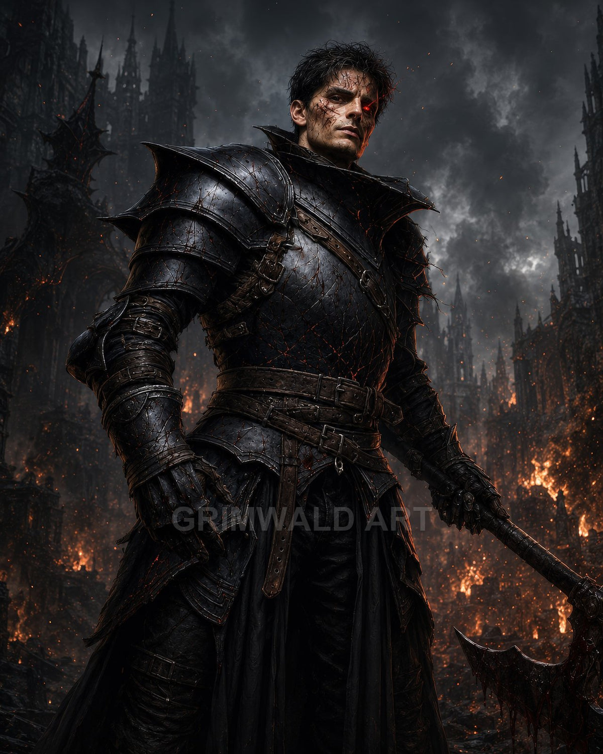 Armoured male warrior clutching a bloodied battle axe stands amid burning gothic ruins, ember-cracked black armour glowing under smoke and storm clouds at night.