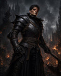 GRID THUMBNAIL — Armoured male warrior clutching a bloodied battle axe stands amid burning gothic ruins, ember-cracked black armour glowing under smoke and storm clouds at night.