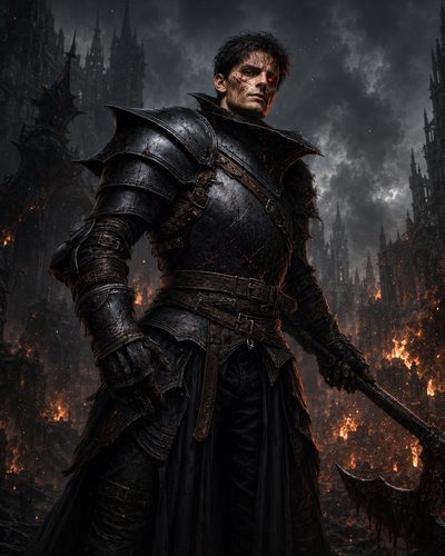 GRID THUMBNAIL — Armoured male warrior clutching a bloodied battle axe stands amid burning gothic ruins, ember-cracked black armour glowing under smoke and storm clouds at night.