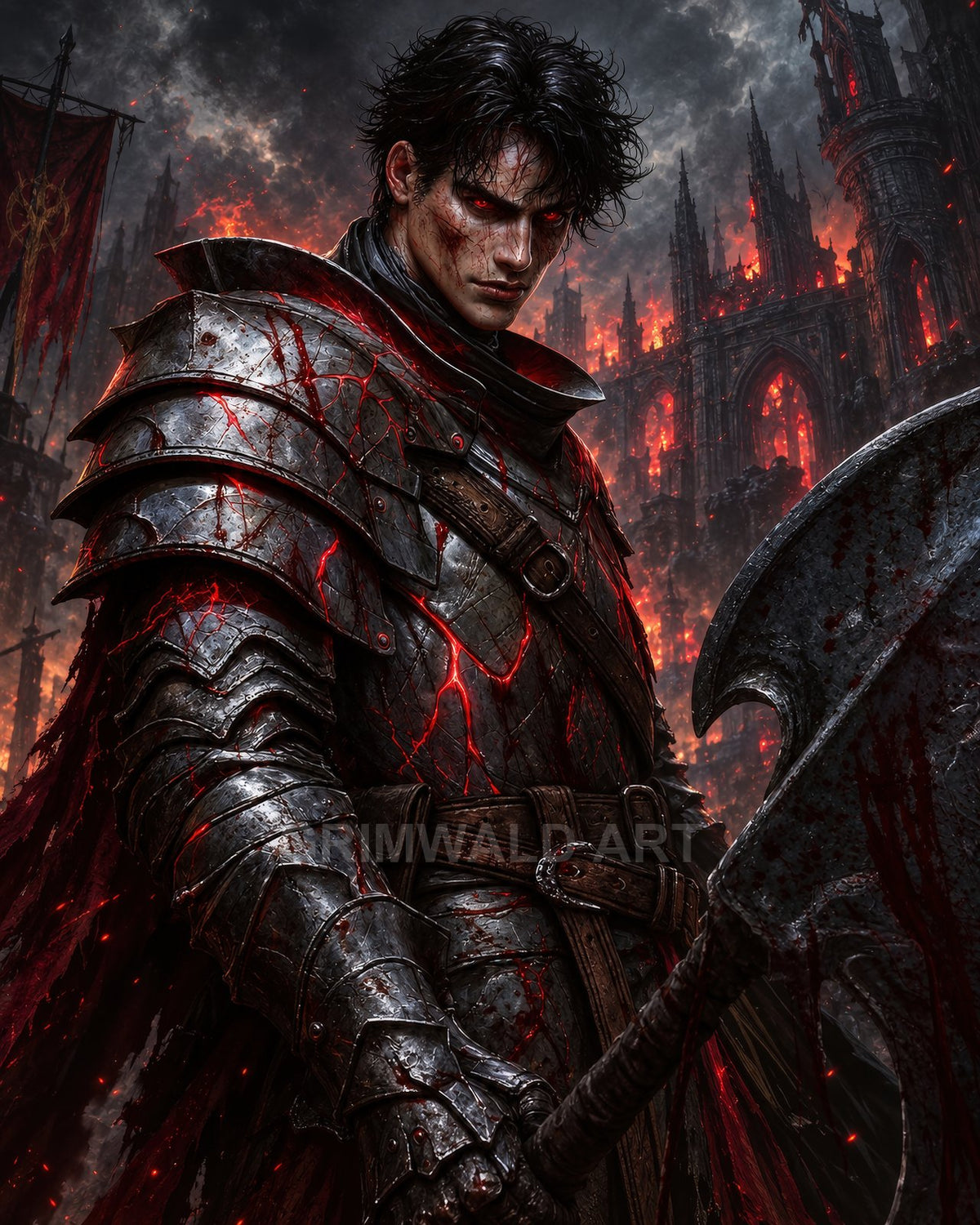 Armoured male warrior with glowing red cracks and bloodstained axe stands before a burning gothic cathedral, smoke and embers swirling through a dark sky.