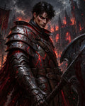 GRID THUMBNAIL — Armoured male warrior with glowing red cracks and bloodstained axe stands before a burning gothic cathedral, smoke and embers swirling through a dark sky.