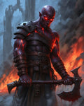 GRID THUMBNAIL — Armoured demon with glowing magma veins holds a bloodied battle axe before blazing flames and ruined arches, eyes and cracks burning red.