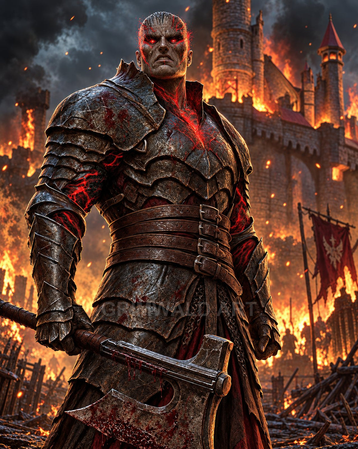 Armoured demon warrior with glowing red eyes and fissures grips a bloodied battle-axe before a castle engulfed in fire and smoke.