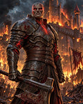 GRID THUMBNAIL — Armoured demon warrior with glowing red eyes and fissures grips a bloodied battle-axe before a castle engulfed in fire and smoke.