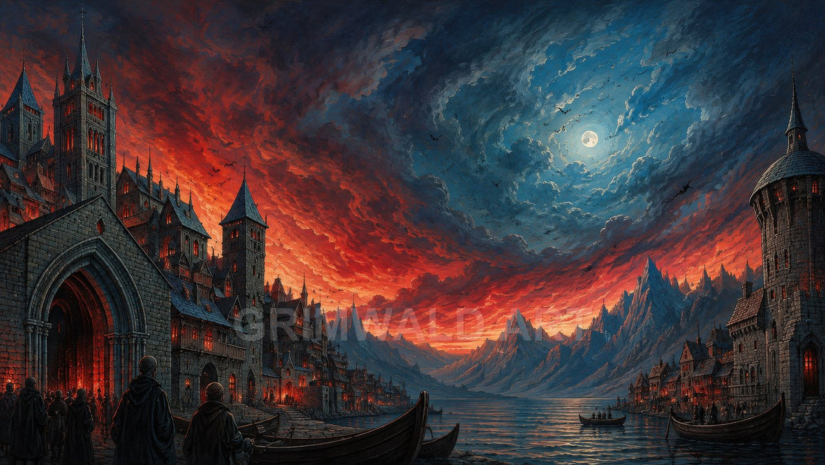 A medieval waterfront city glows red beneath dramatic swirling clouds, moonlit sky and distant jagged mountains, with longboats moored along a calm fjord.