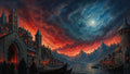 GRID THUMBNAIL — A medieval waterfront city glows red beneath dramatic swirling clouds, moonlit sky and distant jagged mountains, with longboats moored along a calm fjord.