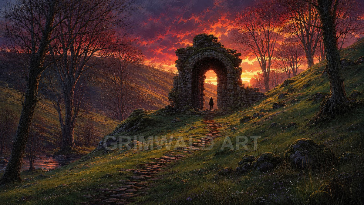 Stone arch ruin on a grassy hillside at sunset, winding path and bare trees, small lone figure silhouetted against a fiery orange sky.