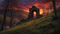 GRID THUMBNAIL — Stone arch ruin on a grassy hillside at sunset, winding path and bare trees, small lone figure silhouetted against a fiery orange sky.