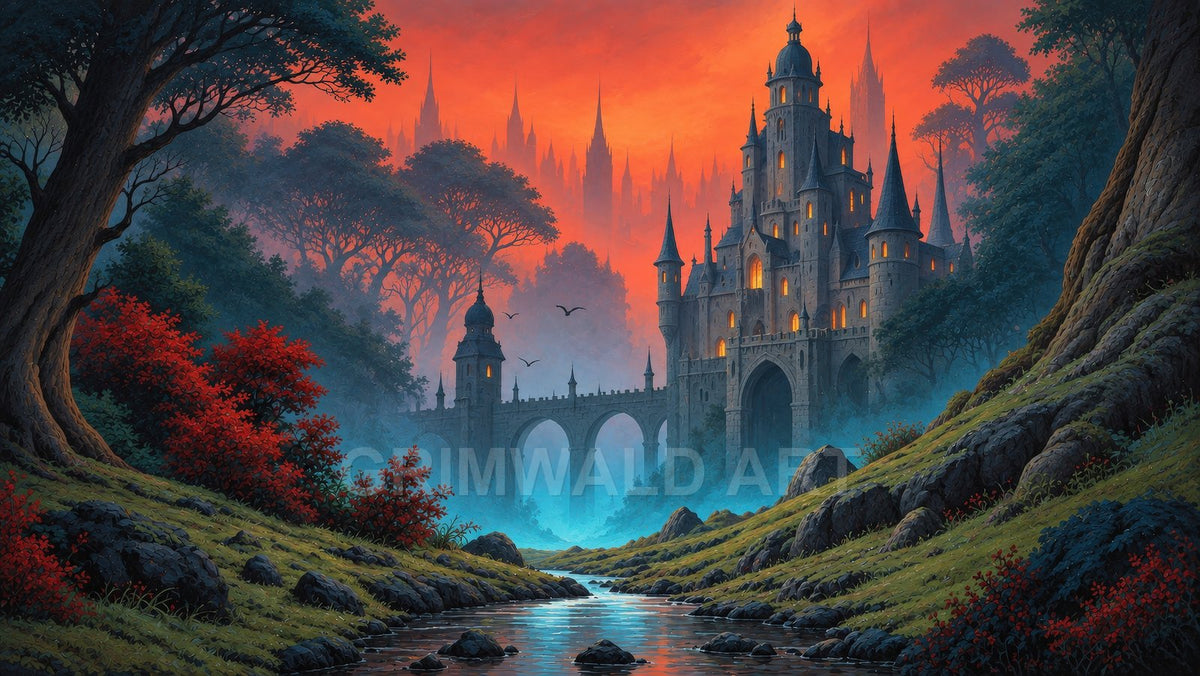 A grand stone castle with an arched bridge towers above a misty forested valley and winding river beneath a fiery orange sunset sky.