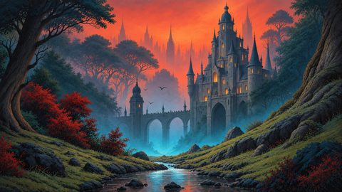 GRID THUMBNAIL — A grand stone castle with an arched bridge towers above a misty forested valley and winding river beneath a fiery orange sunset sky.