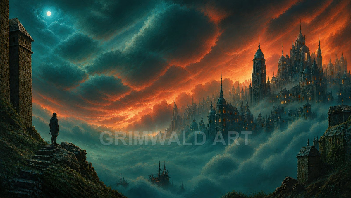 Vast gothic city of spires rises from rolling mist under a moonlit, fiery sky, observed by a lone figure beside stone steps.