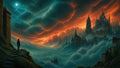 GRID THUMBNAIL — Vast gothic city of spires rises from rolling mist under a moonlit, fiery sky, observed by a lone figure beside stone steps.