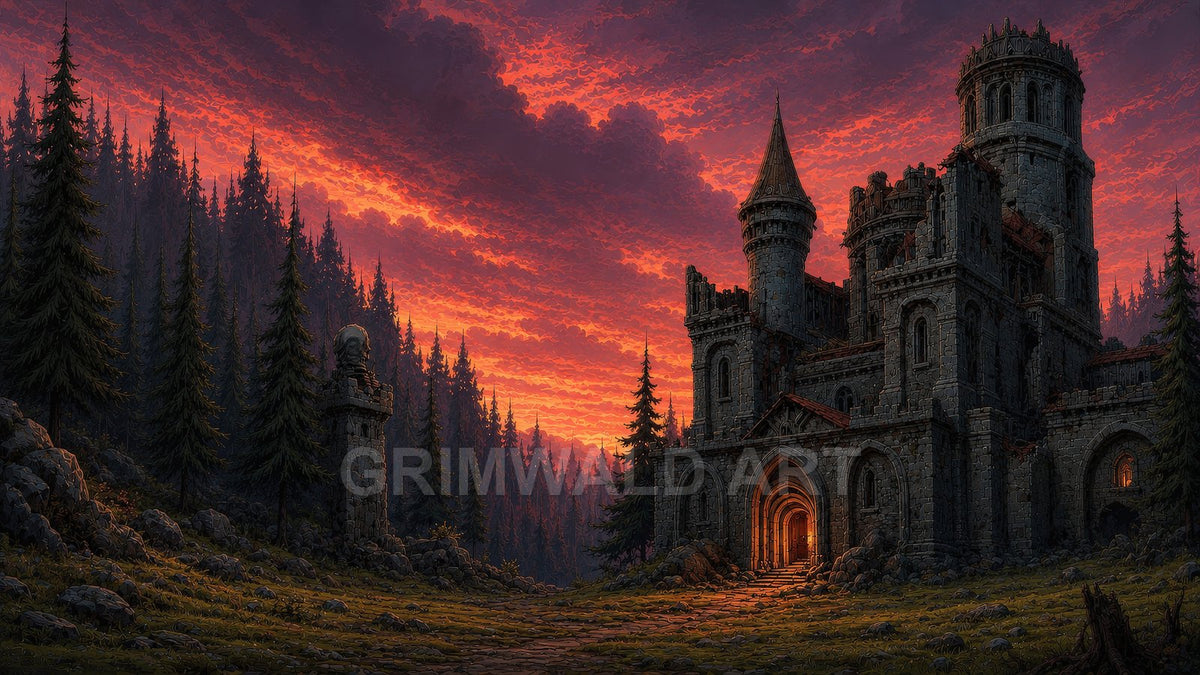 Ruined stone castle with glowing doorway beside dense pine forest under a fiery orange sunset sky, rocky clearing and watchtower.