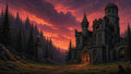 GRID THUMBNAIL — Ruined stone castle with glowing doorway beside dense pine forest under a fiery orange sunset sky, rocky clearing and watchtower.